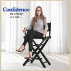 30-inch Directors Chair with Black Wood Frame and Navy Blue Canvas Seat and Backrest Folding Portable Bar Height Tall Chair for Makeup Artists, Filmmaking Events, Patio Camping, and Home Use
