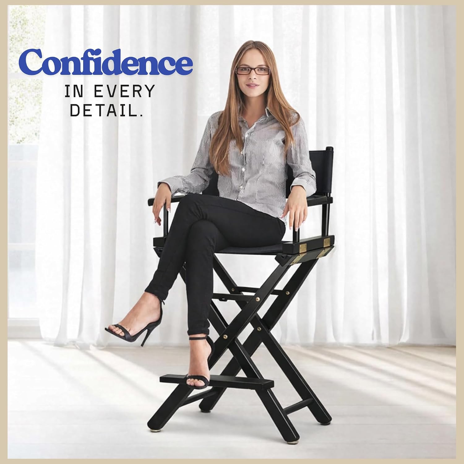 30-inch Directors Chair with Black Wood Frame and Navy Blue Canvas Seat and Backrest Folding Portable Bar Height Tall Chair for Makeup Artists, Filmmaking Events, Patio Camping, and Home Use