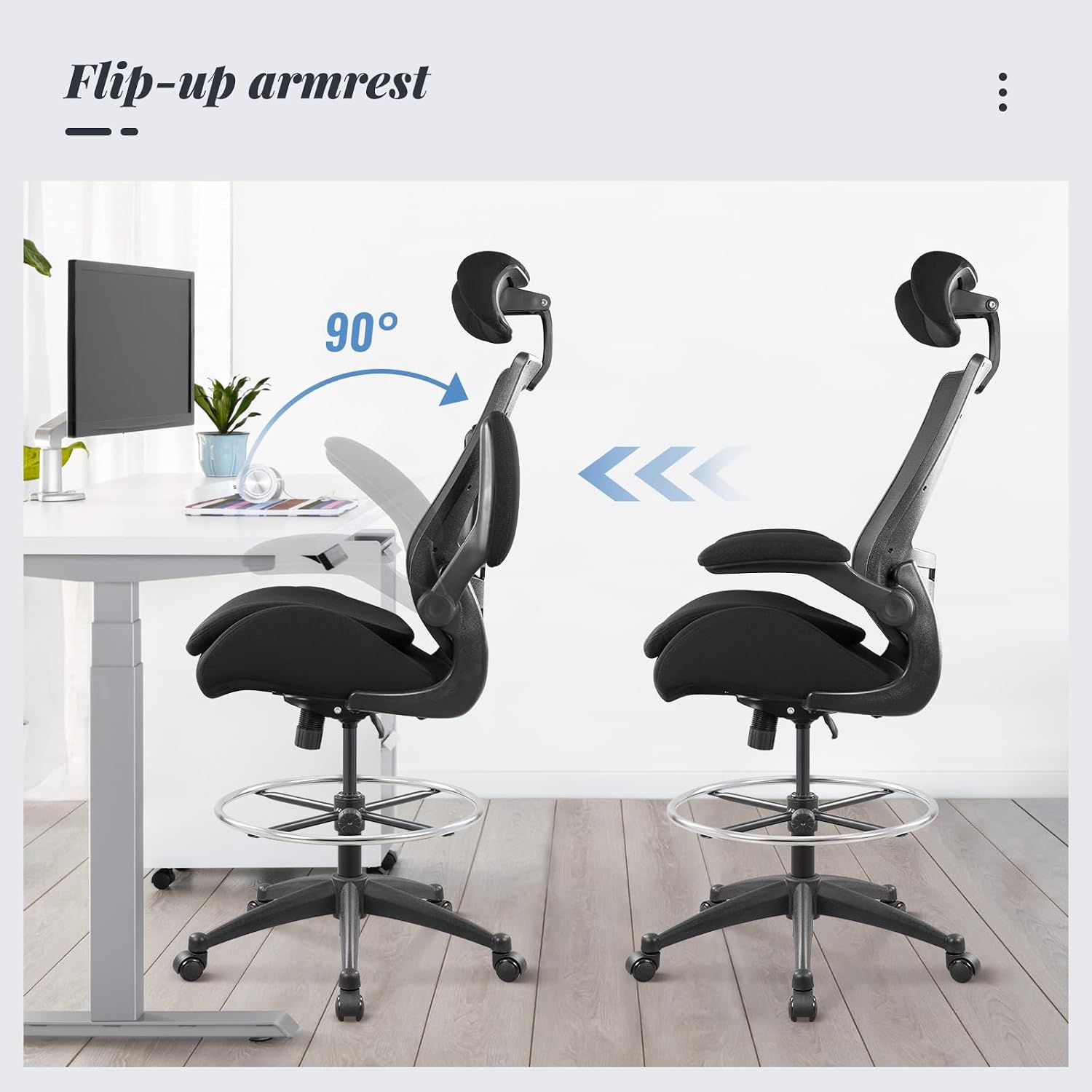 400lbs Ergonomic Drafting Tall Office Chair for Adjustable Standing Desk with Flip-Up Arms, Headrest (with Footring, Black)