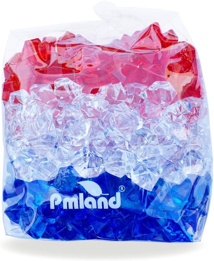 PMLAND Clear Fake Ice Rocks – 550Pcs Large Acrylic Gems Crushed Plastic Diamonds, Red White Blue (3Lbs/2.25 Quarts) – Bulk Vase Filler for Centerpieces Patriotic Theme Décor Aquarium Table Scatter