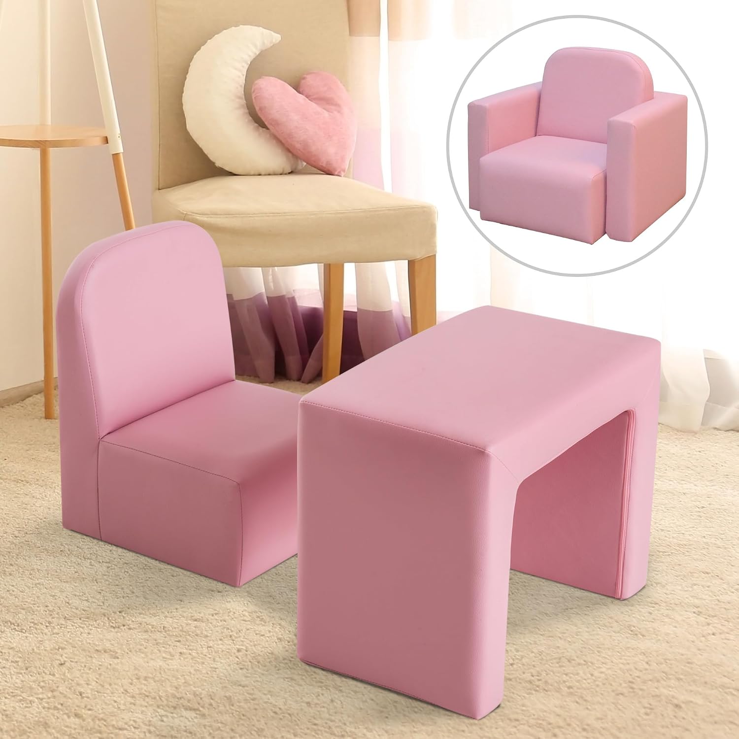 2 in 1 Multifunctional Sofa Convertible Table and Chair Set for 3 Years Old Boys Girls, Pink