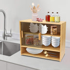 3 Tier Small Bamboo Pantry, Freestanding Dining Cupboard Kitchen Sideboard Countertop Storage Cabinet with 2 Sliding Striped Glass Doors for Spice Seasoning Bottles, Dish, Bowl (Log-Colored)