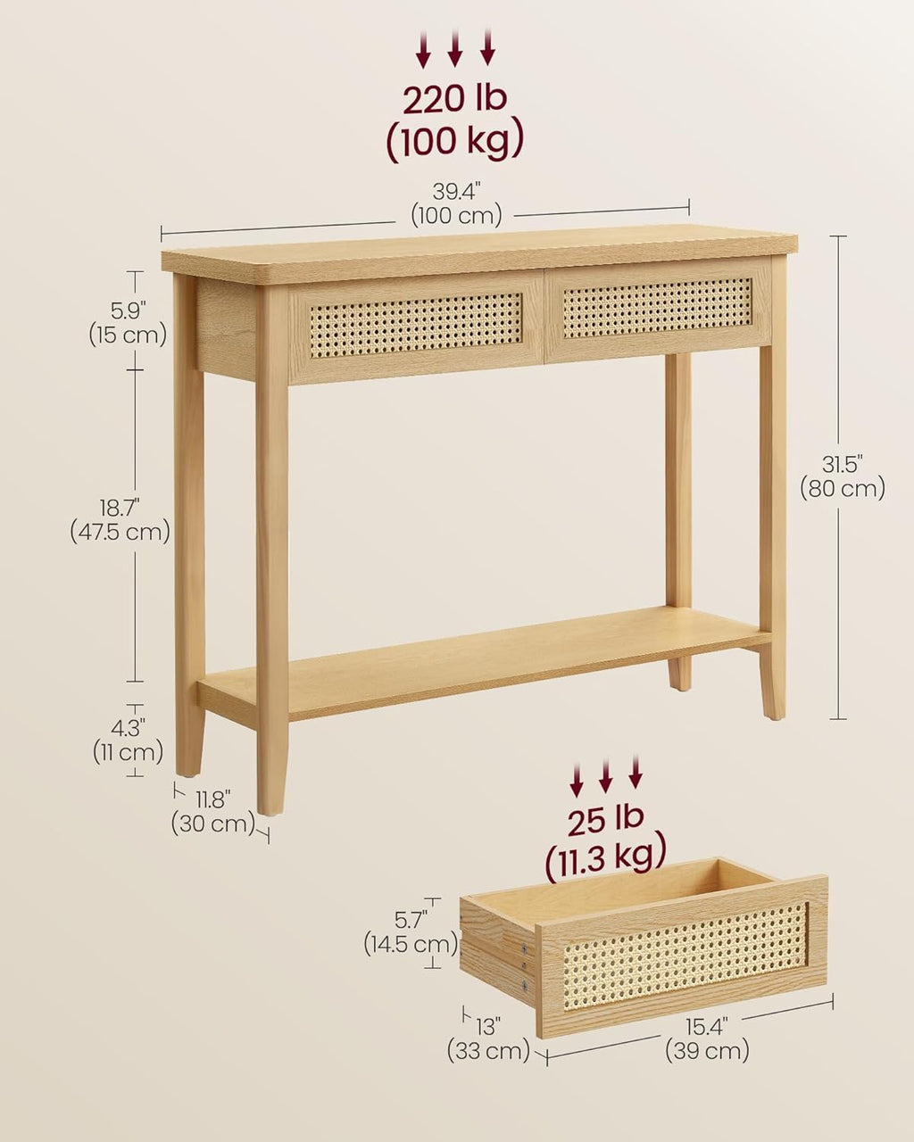 VASAGLE Console Sofa Table, Narrow Entryway Table, 2 Drawers, Open Storage Shelf, Rounded Corners, for Living Room, Boho Style, Oak Beige ULNT016YC01S