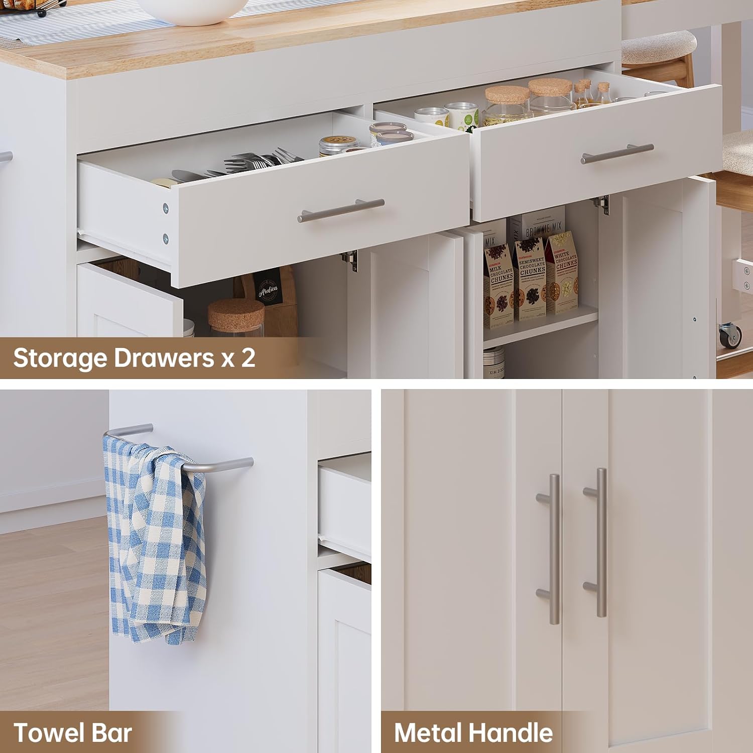 OtterOasis 78" Rolling Kitchen Island with Extendable Dining Table, Mobile Island with Storage for 2, Farmhouse Wood 4-Door Cabinet for Kitchen & Dining Room, White