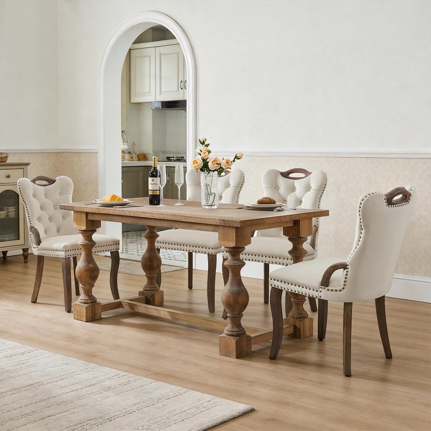 SoarFlash Velvet Dining Chair Set of 4, Solid Wood Handles, Upholstered Tufted Dining Room Chair with Nailhead Trim for Dining Room, Living Room, Office (Beige)