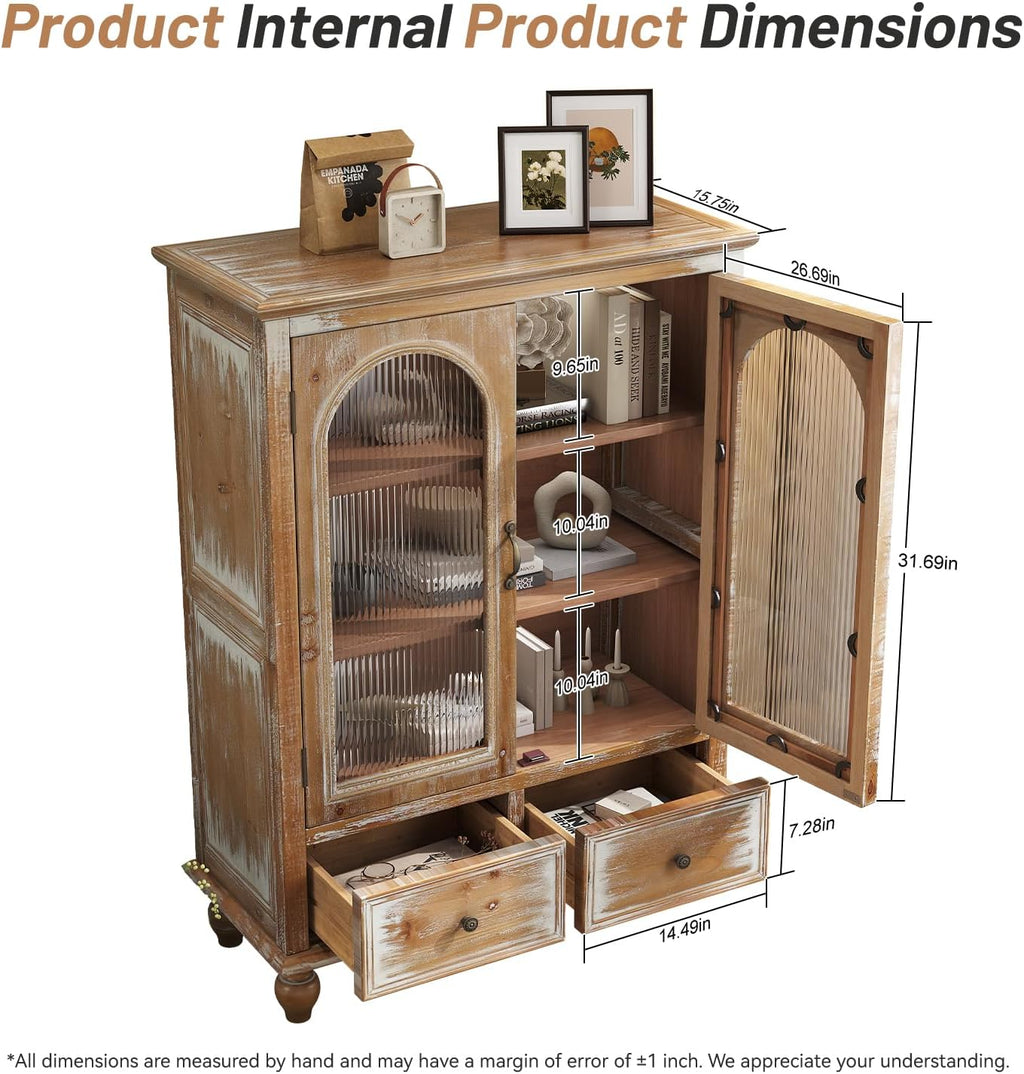 LKTART Solid Wood Storage Cabinet, Kitchen Sideboard Buffet Pantry Cabinet with Glass Doors & Drawers, Entryway Cabinet, Rustic Display Cabinet for Living Room,Natural Wood,48" Tall