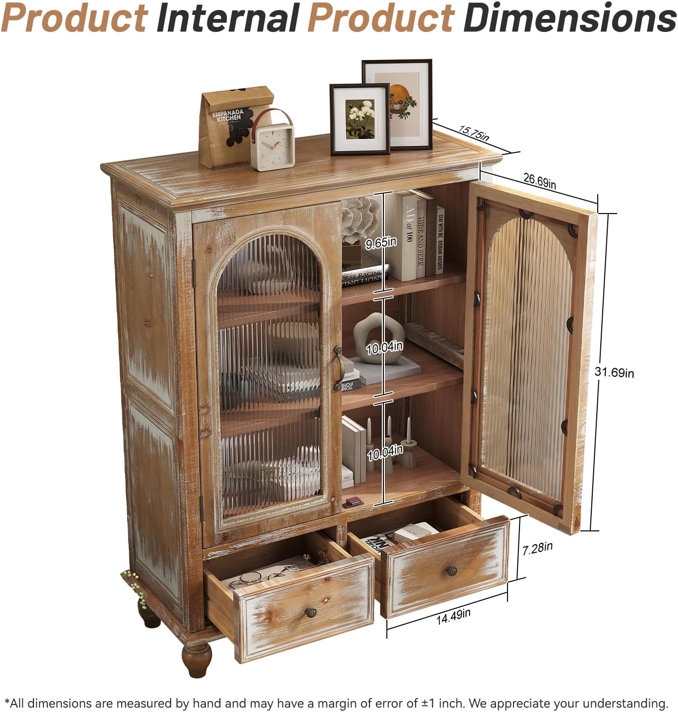 LKTART Solid Wood Storage Cabinet, Kitchen Sideboard Buffet Pantry Cabinet with Glass Doors & Drawers, Entryway Cabinet, Rustic Display Cabinet for Living Room,Natural Wood,48" Tall