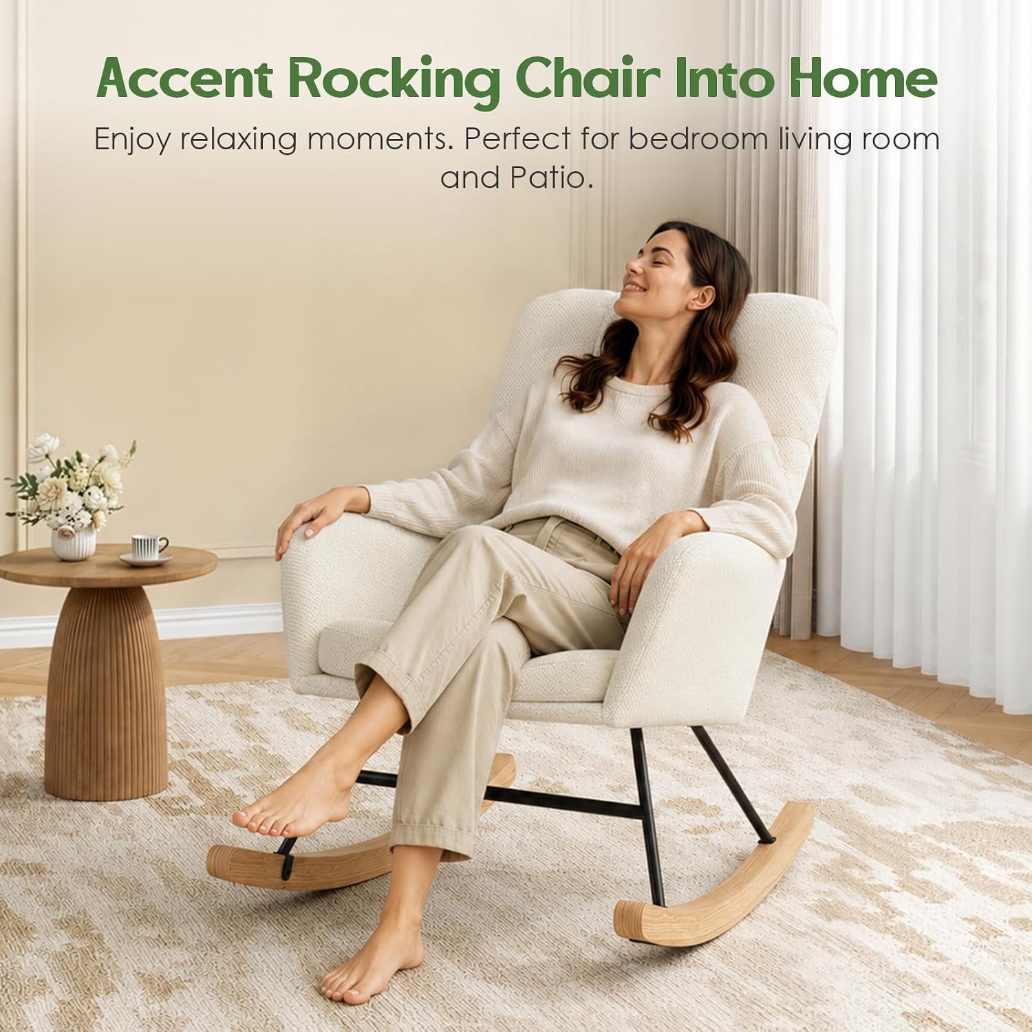 Rocking Chair Nursery Fleece Upholstered Accent Rocker Chair with 20" Wide Seat High Back Solid Wood Legs Comfy Glider Rocker Reading Armchair for Living Room Bedroom, Beige