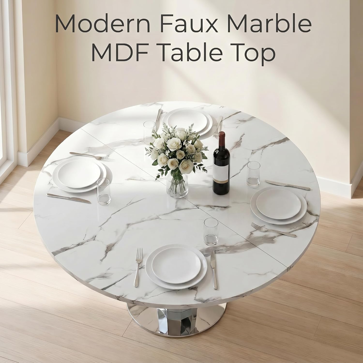 Henf Modern Round Dining Table for 4-6 White Silver 47" Faux Marble Kitchen Table with Diamond-Shape Mirrored Stainless Steel Legs, Contemporary Modern Circle Dining Room Table (Table Only)