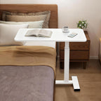 Pneumatic Adjustable Height C-Shaped End Table,Slides Under Furniture, Hospital Bed Table Side Table for Sofa & Bedside, Hidden Wheels for Small Spaces(15.8''Wx31.5'D'x37.1''H,White)