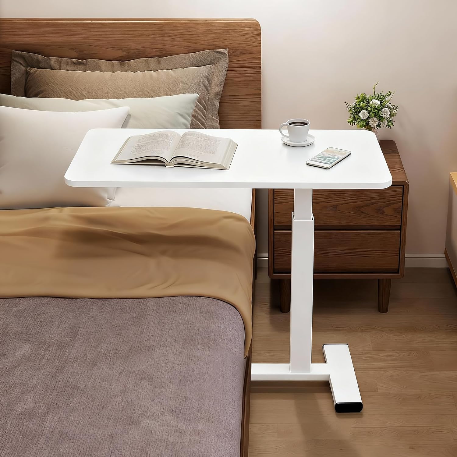 Pneumatic Adjustable Height C-Shaped End Table,Slides Under Furniture, Hospital Bed Table Side Table for Sofa & Bedside, Hidden Wheels for Small Spaces(15.8''Wx31.5'D'x37.1''H,White)