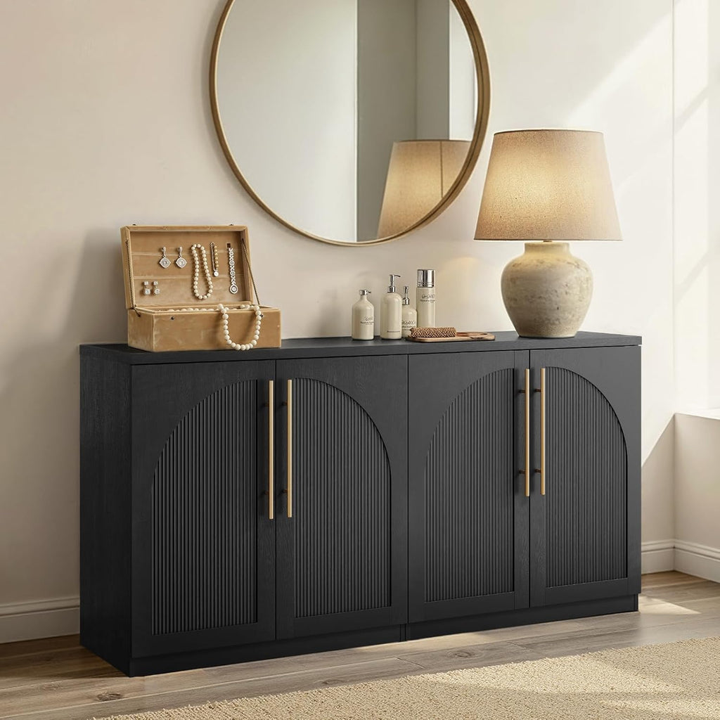 ModernMate Arched Sideboard Cabinet, Black Wood Grain Buffet Table with Wave-Panel Doors and Soft-Close Hinges, 31" Modular Storage Credenza for Entryway, Hallway & Living Room