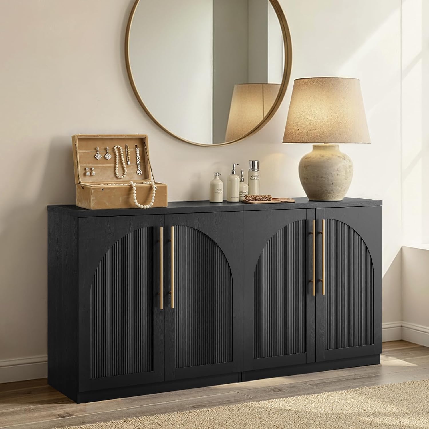 ModernMate Arched Sideboard Cabinet, Black Wood Grain Buffet Table with Wave-Panel Doors and Soft-Close Hinges, 31" Modular Storage Credenza for Entryway, Hallway & Living Room