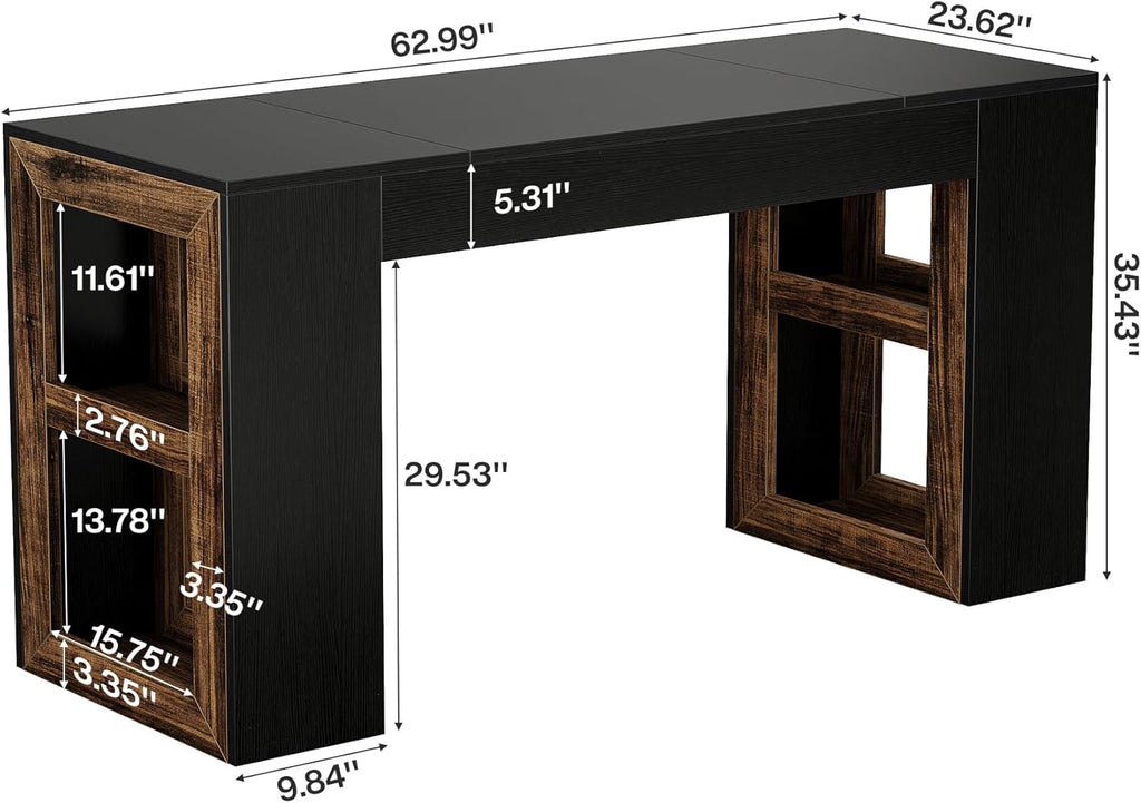 Tribesigns 63" Bar Table, Rectangular Counter Height Pub Table with Storage Shelves, Industrial Home Bar Units for Dining Room, Kitchen, Bistro, Restaurant, Black & Brown