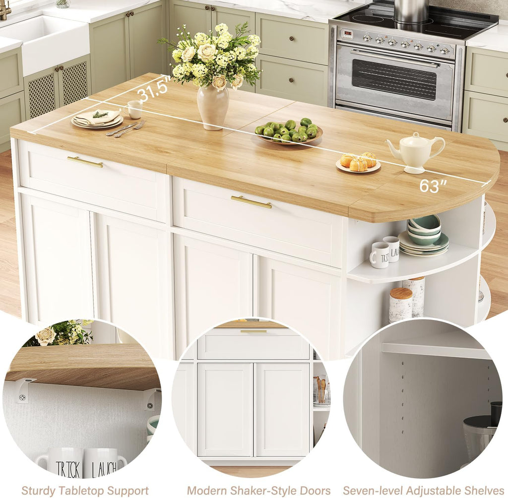 HSH 63” Large Kitchen Island with Storage & Seating, Modern Counter Height Island Table with 2 Drawers & Cabinets, 3 Oval Open Shelves, Stationary Island Prep Table for Kitchen Dining Room, Light Oak