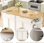 HSH 63” Large Kitchen Island with Storage & Seating, Modern Counter Height Island Table with 2 Drawers & Cabinets, 3 Oval Open Shelves, Stationary Island Prep Table for Kitchen Dining Room, Light Oak