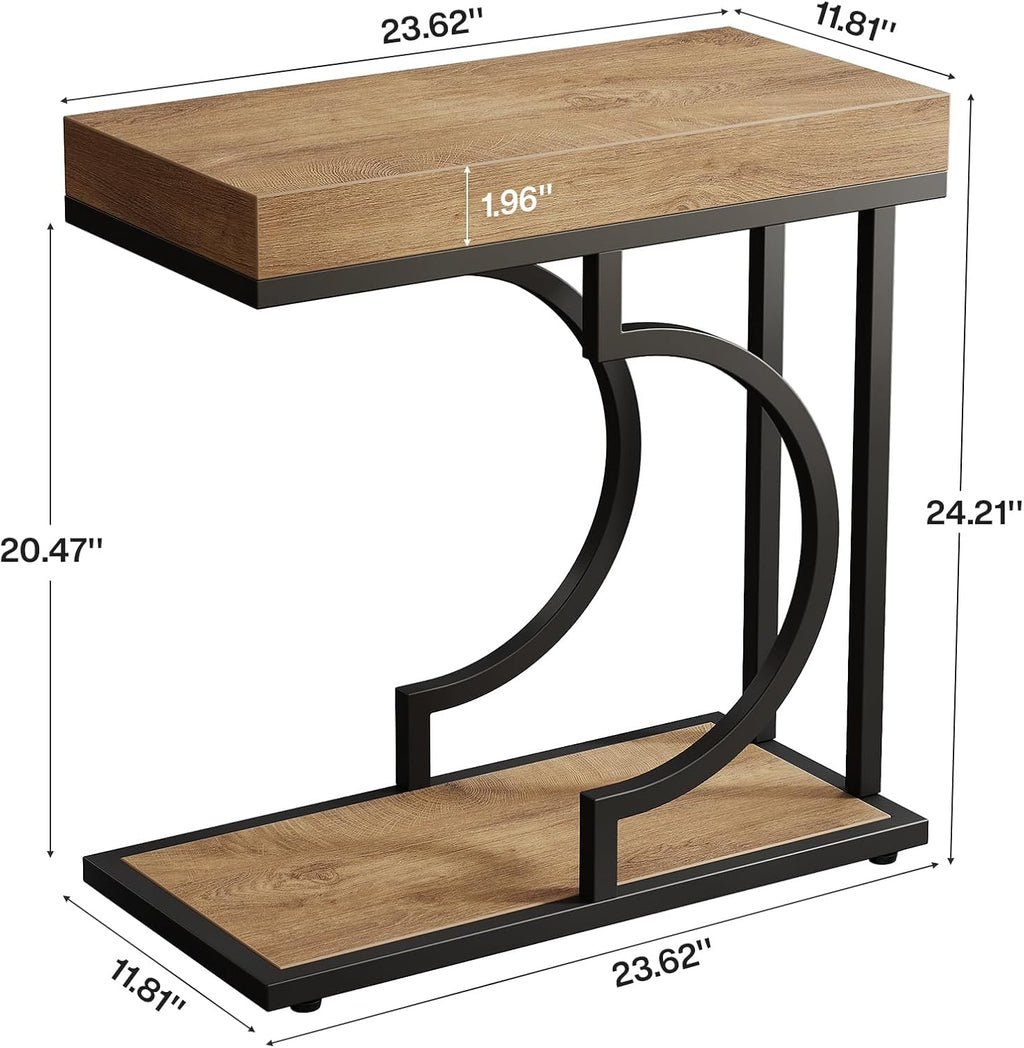 Tribesigns Narrow Side Table for Couch, C Shaped End Table with Metal Frame, Farmhouse Bedside Tables, Small Sofa Tables for Small Spaces, Living Room (1, Natural+Black)
