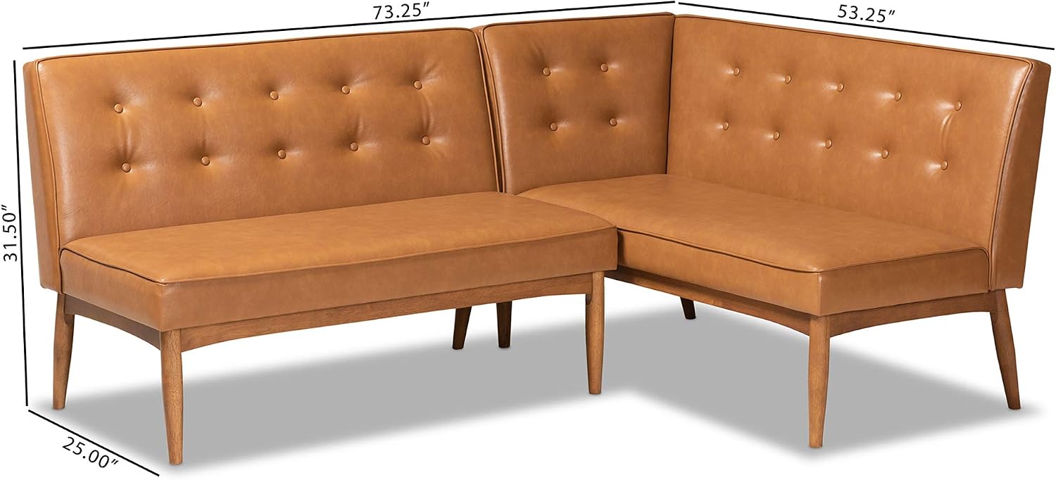 Baxton Studio Arvid Mid-Century Modern Tan Faux Leather Upholstered and Walnut Brown Finished Wood 2-Piece Dining Corner Sofa Bench