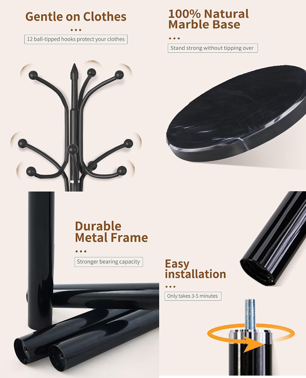 Snaikor Metal Coat Rack Freestanding, Sturdy Coat Rack Stand with Natural Marble Base, Modern Black Coat Racks Tree Hats Hanger Holder Stand for Entryway, Hallway, Office(12 Hooks)