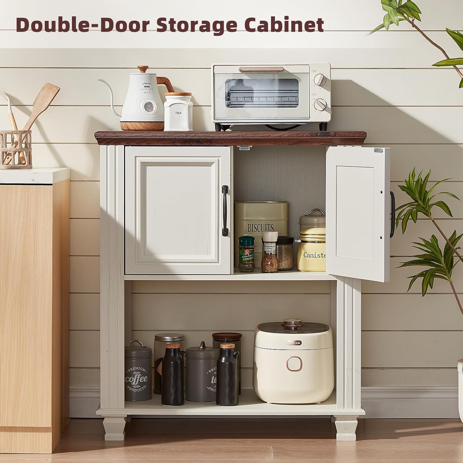 SAVOR LIFE Farmhouse Coffee Bar Table with 2-Door Cabinet, Kitchen Storage Cabinets with Open Shelf, Coffee Station for Dining Room, Kitchen, Hallway, Living Room, White