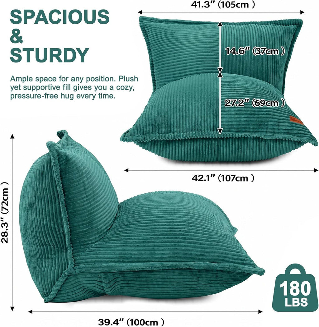 L-Shaped Oversized Bean Bag Chair, Fluffy Memory Foam Beanbag with Corduroy Fabric for Adults Teens Kids, Lightweight Lounge Floor Sofa Chair for Living Room Bedroom - Green