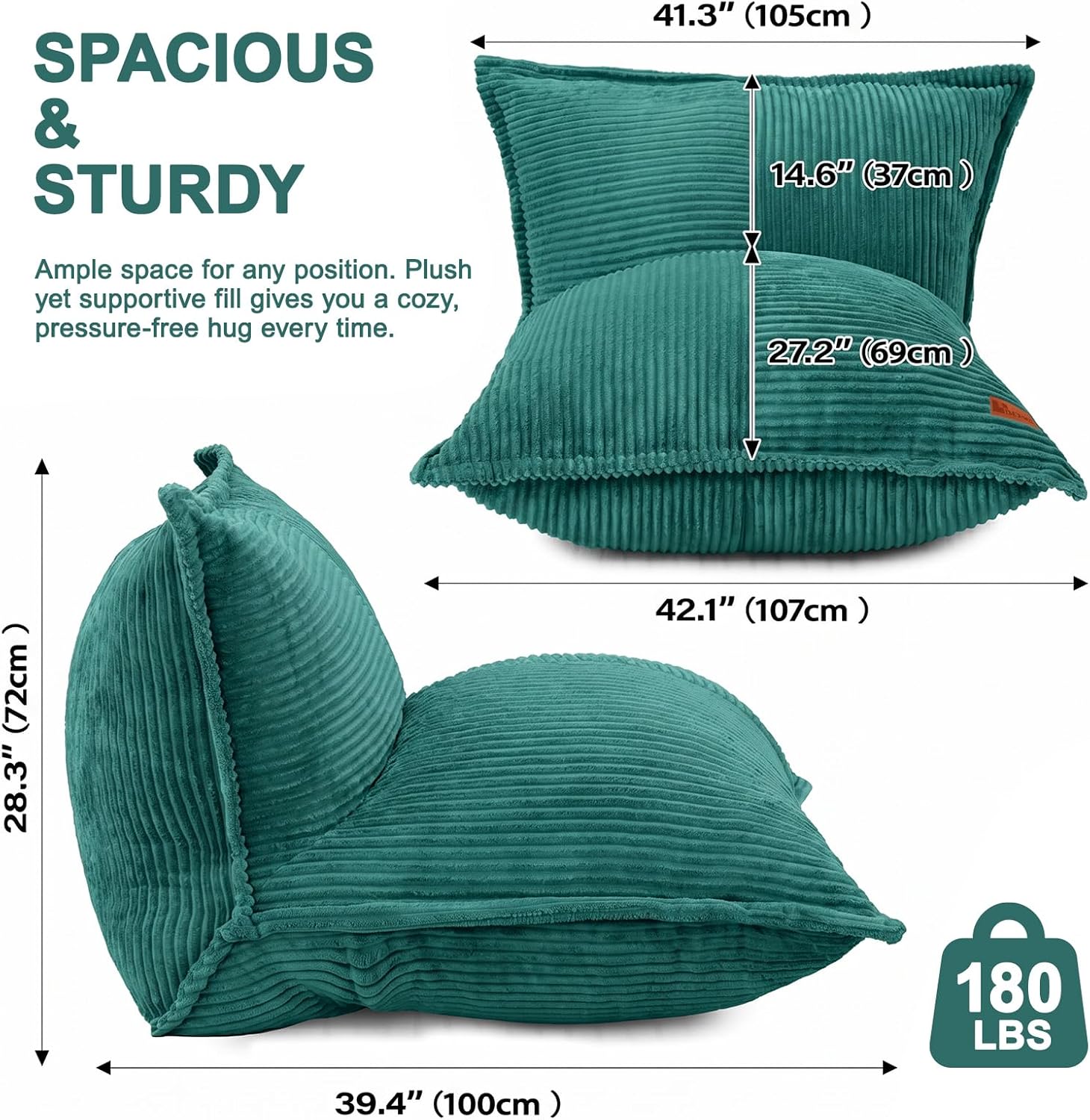 L-Shaped Oversized Bean Bag Chair, Fluffy Memory Foam Beanbag with Corduroy Fabric for Adults Teens Kids, Lightweight Lounge Floor Sofa Chair for Living Room Bedroom - Green