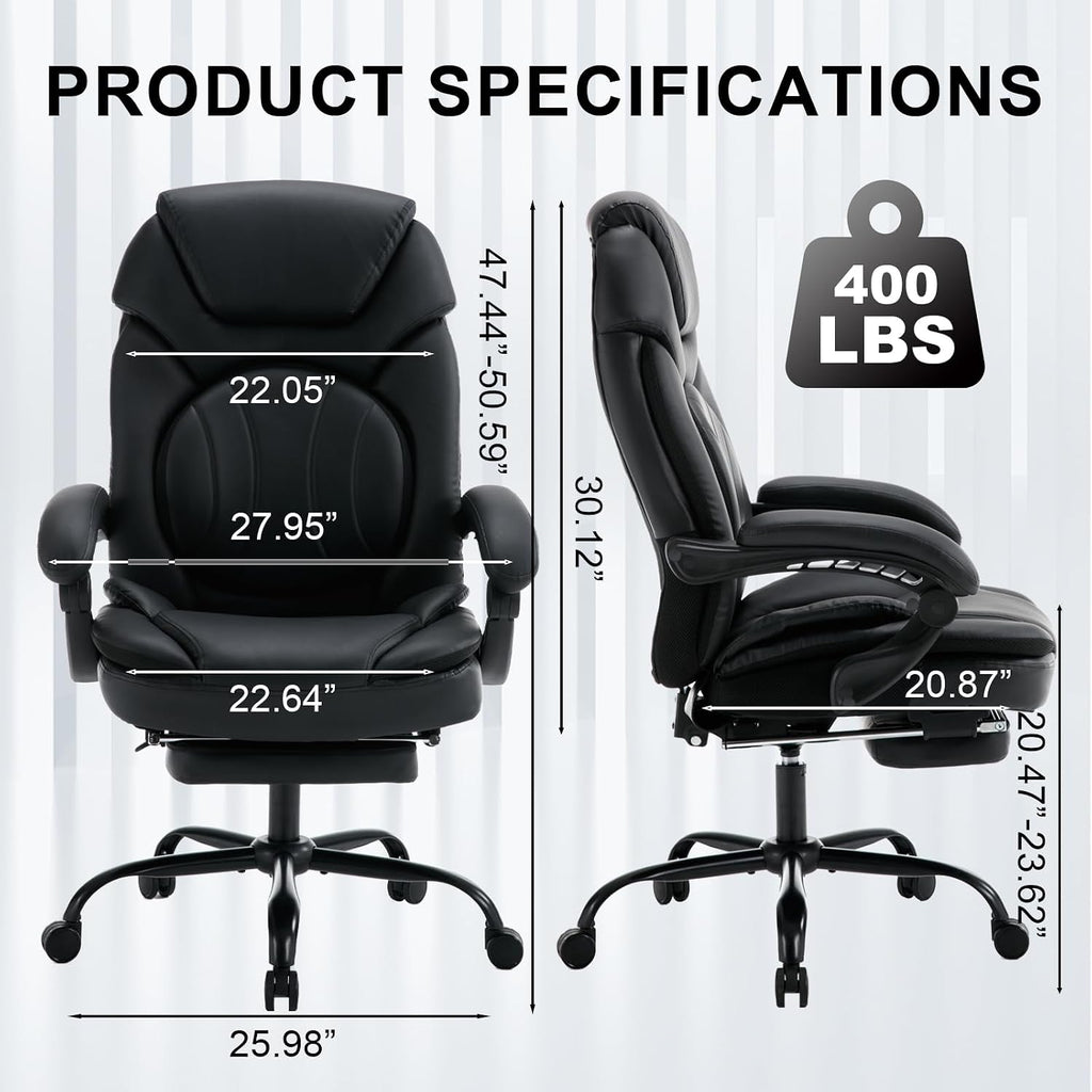 400lbs Reclining Office Desk Chairs with Footrest Back Support PU Leather High Back Wide Seat Recliner Executive Office Chairs for Women, Big Tall Managerial Chairs, Black
