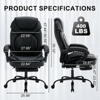 400lbs Reclining Office Desk Chairs with Footrest Back Support PU Leather High Back Wide Seat Recliner Executive Office Chairs for Women, Big Tall Managerial Chairs, Black
