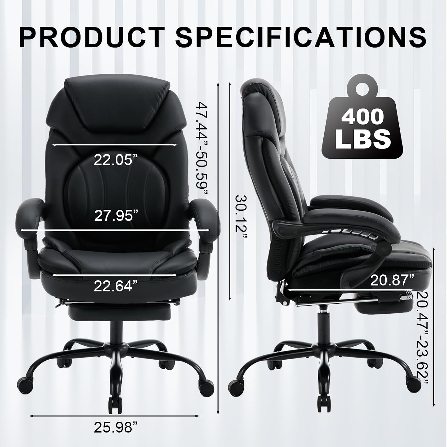 400lbs Reclining Office Desk Chairs with Footrest Back Support PU Leather High Back Wide Seat Recliner Executive Office Chairs for Women, Big Tall Managerial Chairs, Black