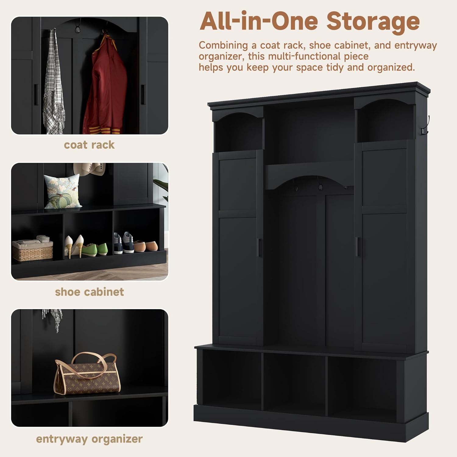 Merax Hall Tree with Bench and Shoe Storage 77.3" Tall with Adjustable Shelves, Modern All-in-One Entryway Bench with 2 Side Cabinets & 7 Hooks, Elegant Arched Design, 55.1"L x 15.7"W (Black)