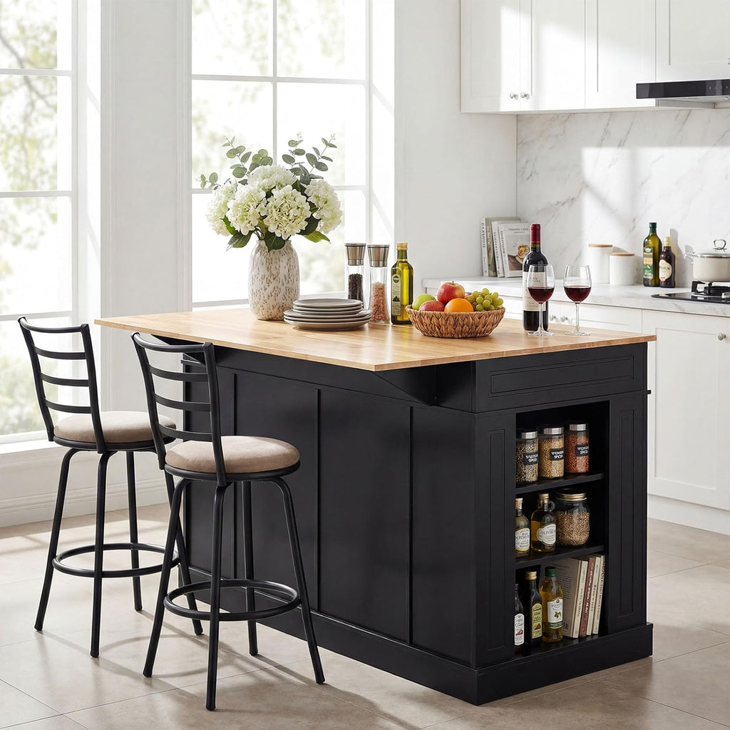 LOKO 48" Stationary Kitchen Island with Drop Leaf, Rubber Wood Top Butcher Block Island Table with 2 Drawers, Cabinet & Adjustable Shelf, Multipurpose Kitchen Cart for Dining Room, Living Room & Bar