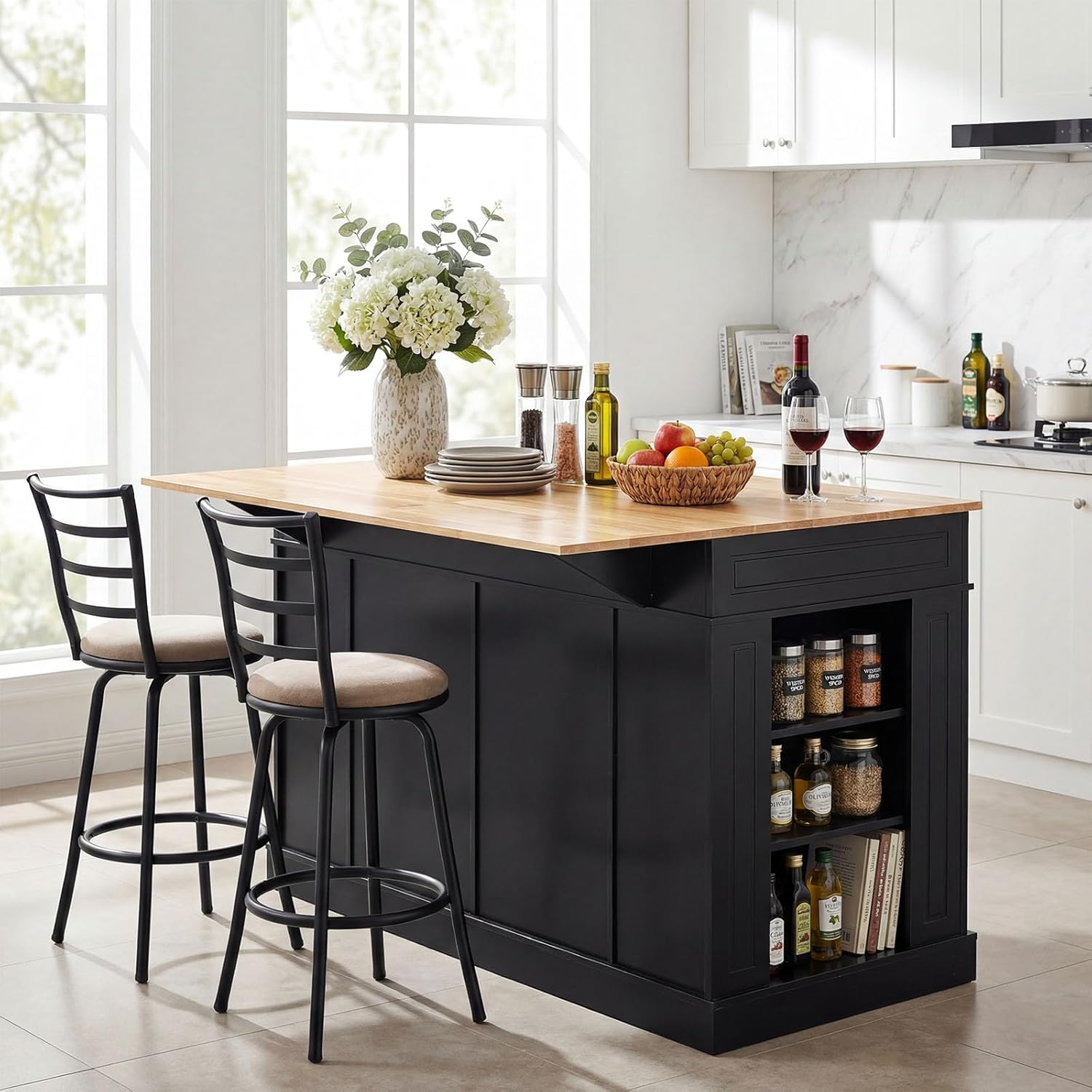 LOKO 48" Stationary Kitchen Island with Drop Leaf, Rubber Wood Top Butcher Block Island Table with 2 Drawers, Cabinet & Adjustable Shelf, Multipurpose Kitchen Cart for Dining Room, Living Room & Bar