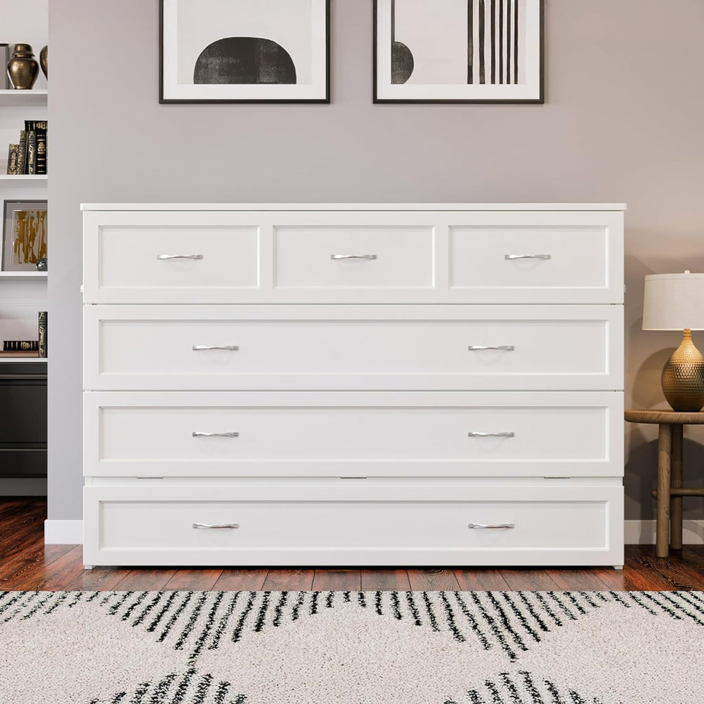 AFI, Northfield Murphy Bed Chest Queen with 6" Mattress, Storage Drawer & Built-in USB Charger, White