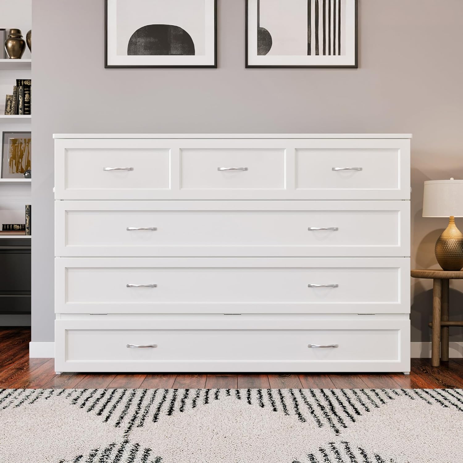 AFI, Northfield Murphy Bed Chest Queen with 6" Mattress, Storage Drawer & Built-in USB Charger, White