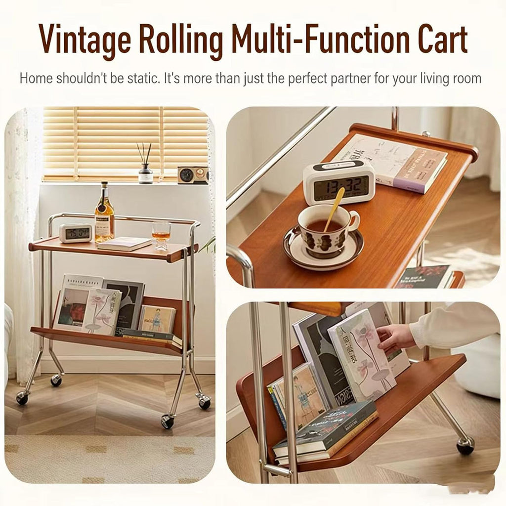 Retro Rolling Side Table, Solid Wood Movable Cart with Storage Shelf, Versatile End Table for Sofa, Bedside, or Living Room (Vintage)