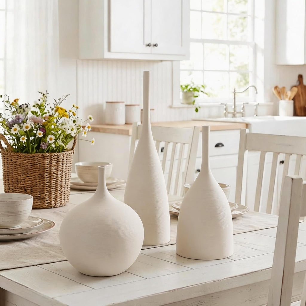 Relexome Ceramic Vase Set of 3 Neutral Vases Home Decor Modern Minimalist Decorative Vase Matte Ribbed Vases for Centerpieces Living Room Shelf Entryway Table Decor Beige