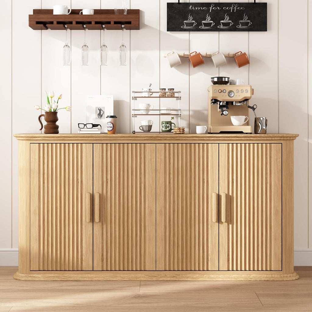 Fluted Sideboard Buffet Cabinet with Storage, 60" Modern Credenza with 4 Doors & Adjustable Shelves, Wood Coffee Bar Table for Living Room, Kitchen, Dining Room, Hallway, Natural Oak
