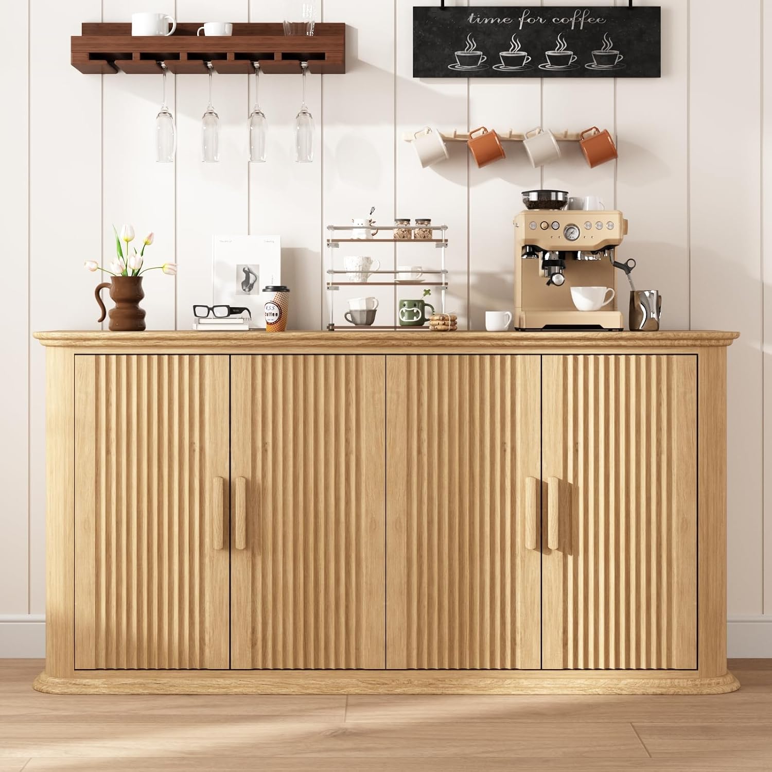 Fluted Sideboard Buffet Cabinet with Storage, 60" Modern Credenza with 4 Doors & Adjustable Shelves, Wood Coffee Bar Table for Living Room, Kitchen, Dining Room, Hallway, Natural Oak
