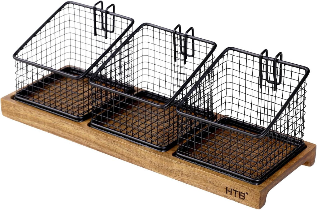 HTB Tea Organizer for Tea Bags, Tea Bag Holder with Acacia Wood Stand and 3 Removable Metal Basket for Sugar Packets, Sweeteners, Creamers for Cabinet, Countertop