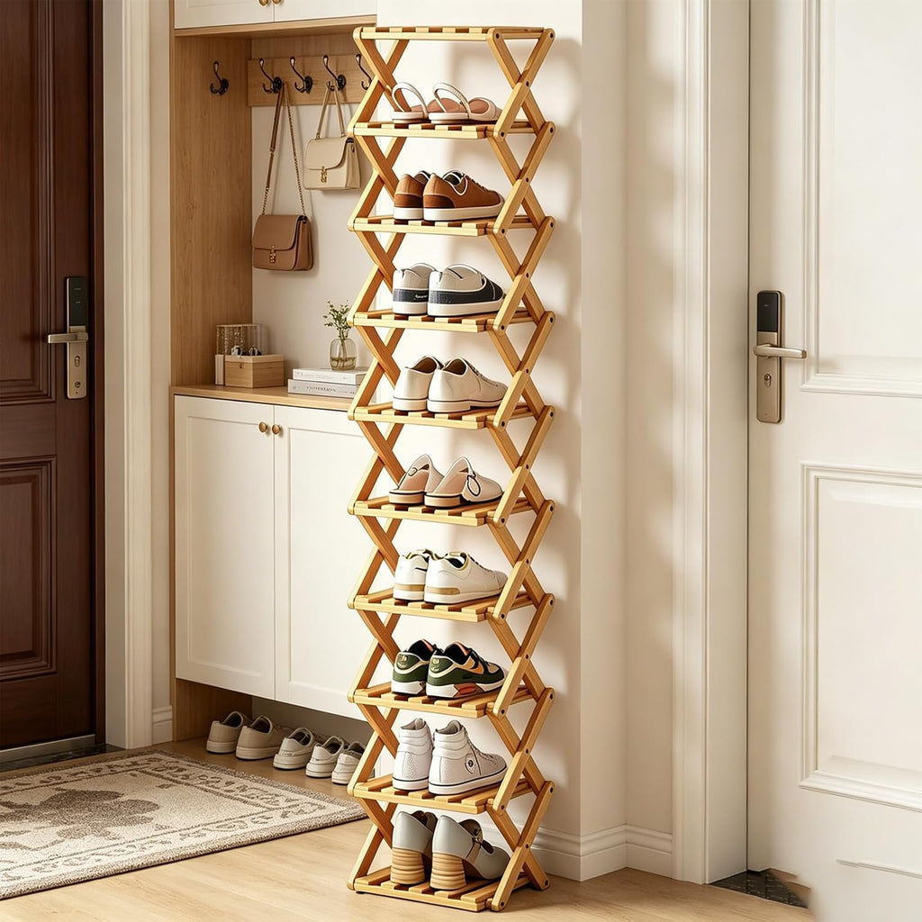 10 Tier Bamboo Shoe Rack, Foldable 10 Tier Bamboo Corner Shoe Rack,Small Shoe Rack for Hallways, Bedrooms, and Compact Spaces