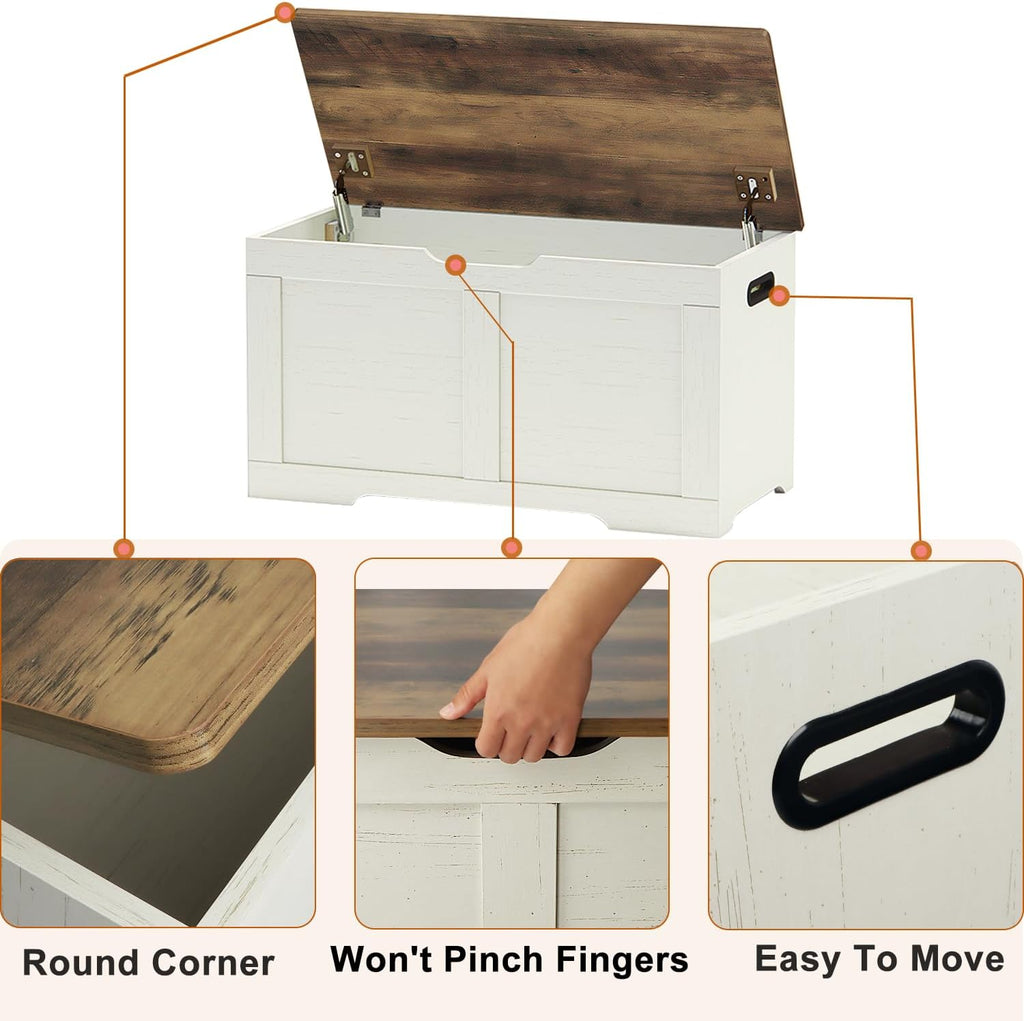 Timberer 31.5" Storage Chest, Wooden Storage Bench, Lift Top Toy Chest with 2 Safety Hinges, Large Toy Box, Entryway Shoes Bench for Living Room, Bedroom, Brown and Rustic White
