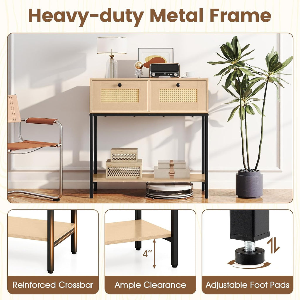 GOFLAME Rattan Console Table, Boho Entryway Table with 2 Drawers & Open Storage Shelf, Narrow Long Sofa Table with Metal Legs, Foyer Table Behind Couch Table for Living Room, Hallway, Natural
