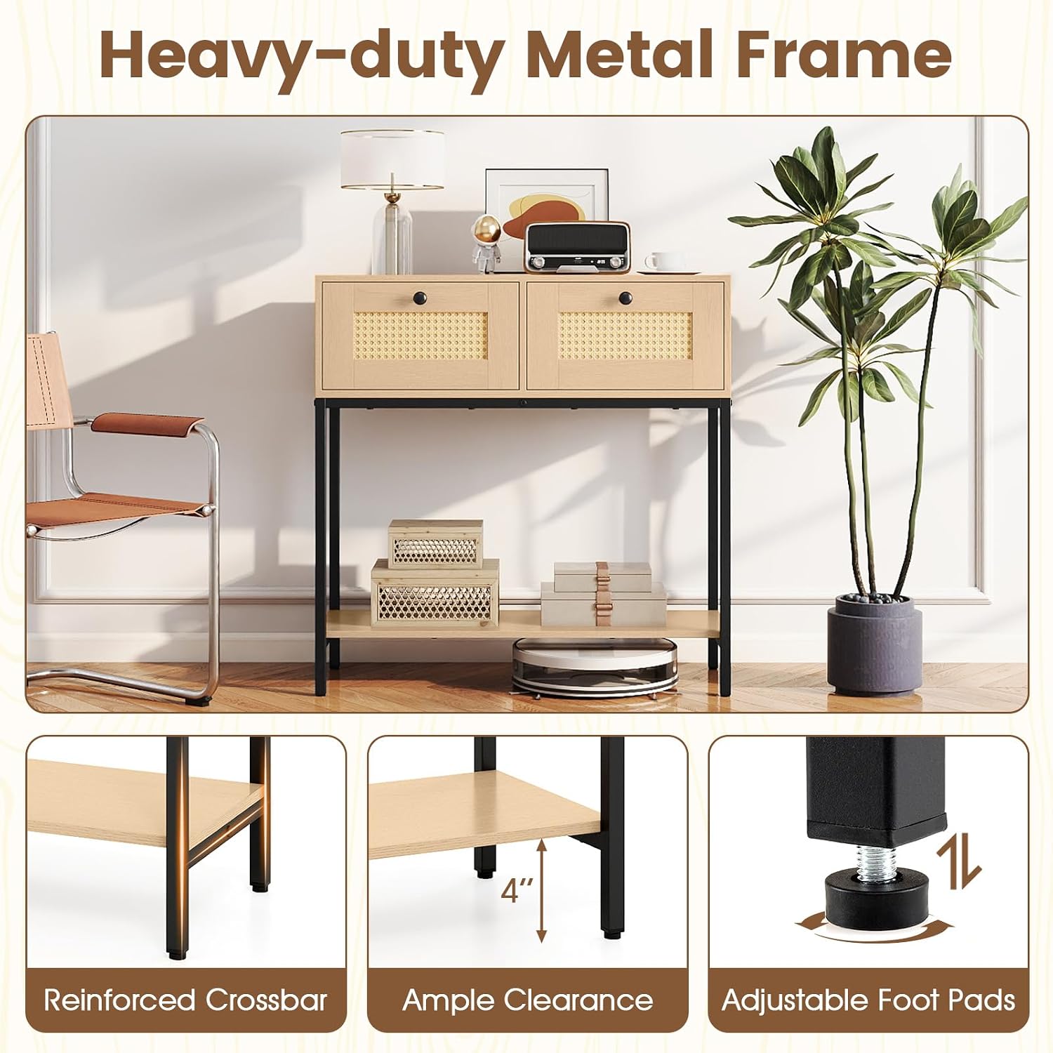 GOFLAME Rattan Console Table, Boho Entryway Table with 2 Drawers & Open Storage Shelf, Narrow Long Sofa Table with Metal Legs, Foyer Table Behind Couch Table for Living Room, Hallway, Natural