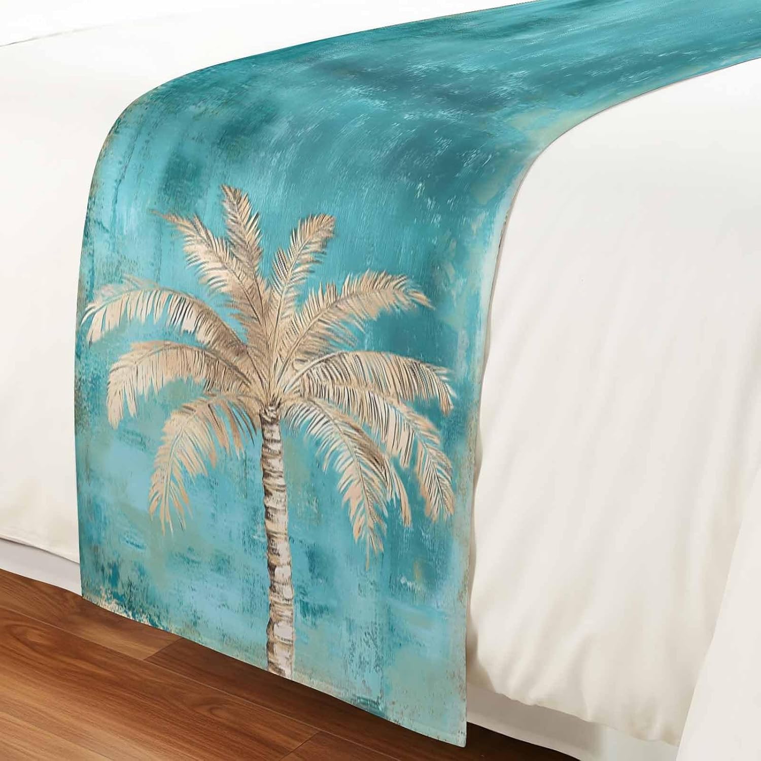 Coastal Beach Tree Bed Runner Scarf King Size, Vintage Teal Brown Tropical Palm Tree Luxury Bed Throw Runners & Scarves for Twin Full Queen King Foot of Beds, Bedroom Decoration, 94"x20"