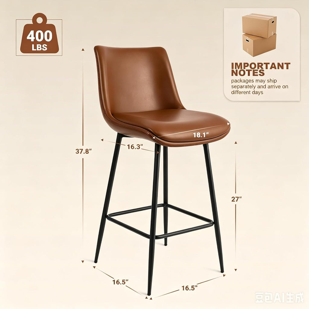Counter Height Bar Stools Set of 3, FSC Certified Upholstered Faux Leather Barstools with Back, Metal Base, 27" Seat Height, Modern Upholstered Counter Stools for Kitchen Island,(Walnut Brown