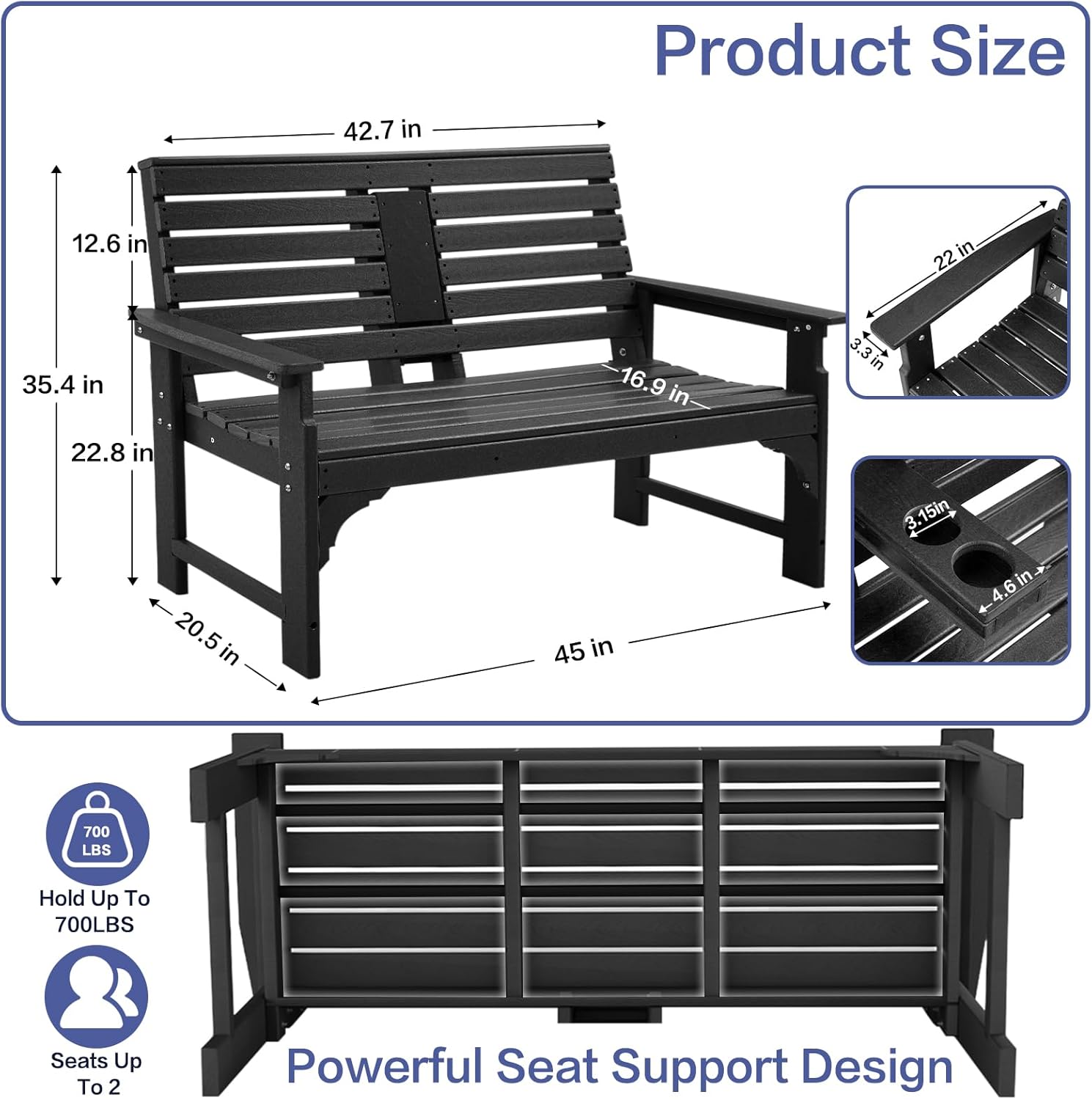 Outdoor Bench Weatherproof - HDPE 2-Person Garden Bench with Cup Holders, Bench Furniture with Backrest and Armrests, 700 lbs Capacity, Patio Park Bench for Front Porch Backyard Park (Black)