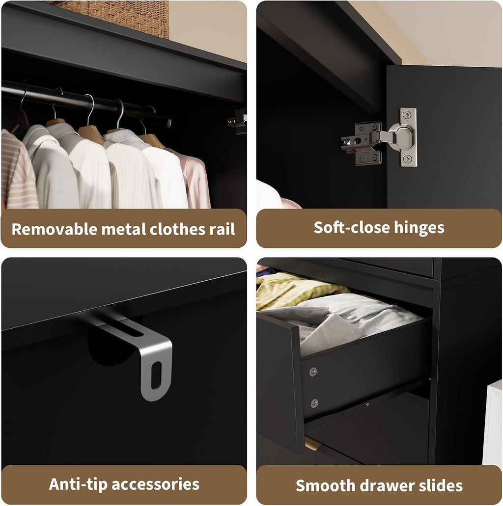 Garvee 70" Wardrobe Armoire Wooden Closet with 2 Doors and 3 Drawers, Black