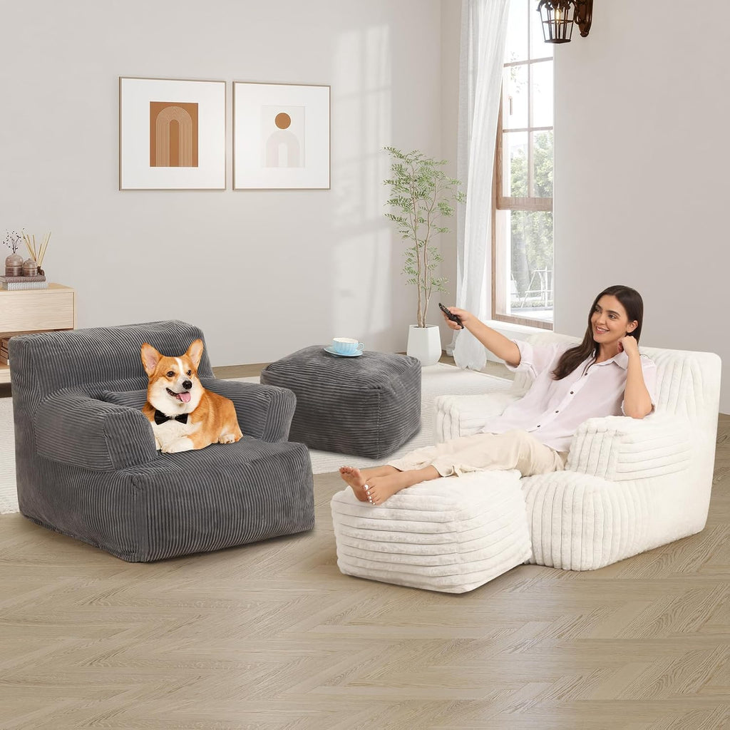 MOMCAYWEX Comfy Gaint Bean Bag Chair with Ottoman, Huge Bean Bag Armchair for Adults and Teens, Dark Grey