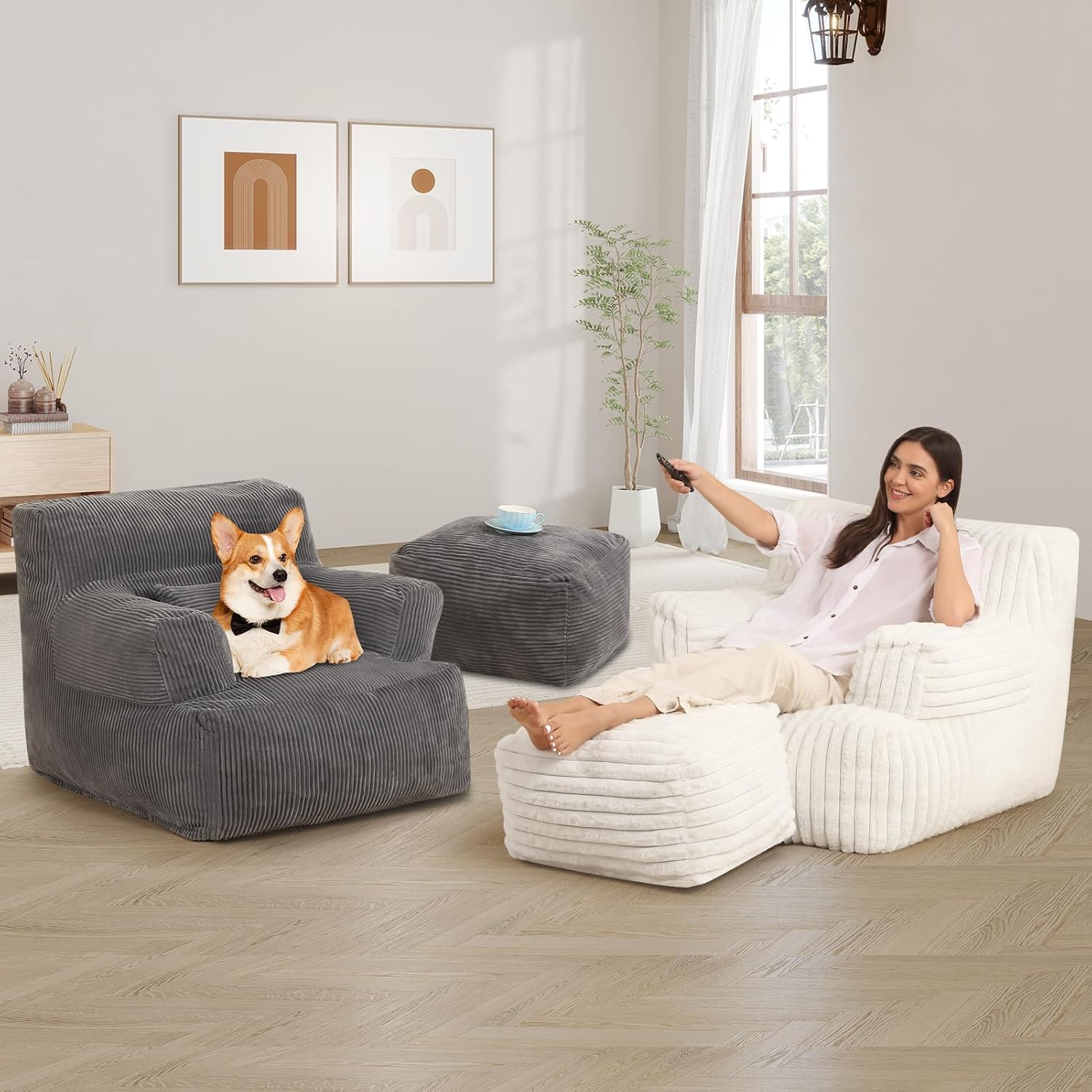 MOMCAYWEX Comfy Gaint Bean Bag Chair with Ottoman, Huge Bean Bag Armchair for Adults and Teens, Dark Grey