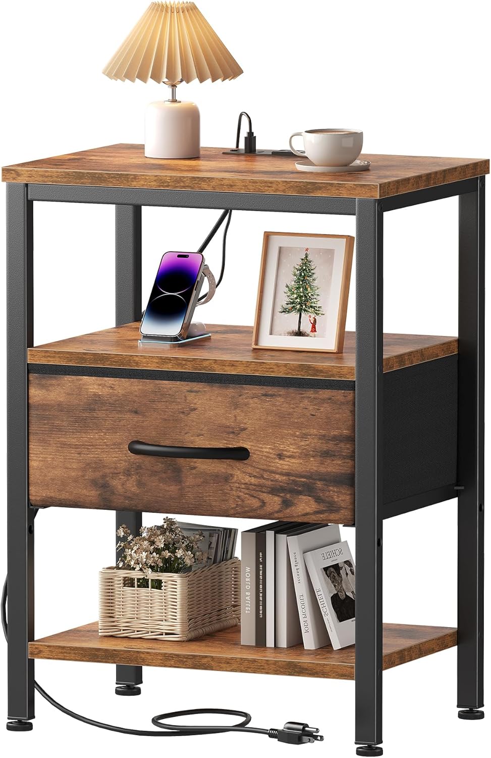 OLIXIS Nightstand with Charging Station, Beside Table with Fabric Drawer | 3-Tier End Table with 2 Storage Shelves,Night Stand with USB Ports and Outlets for Bedroom, Rustic Brown